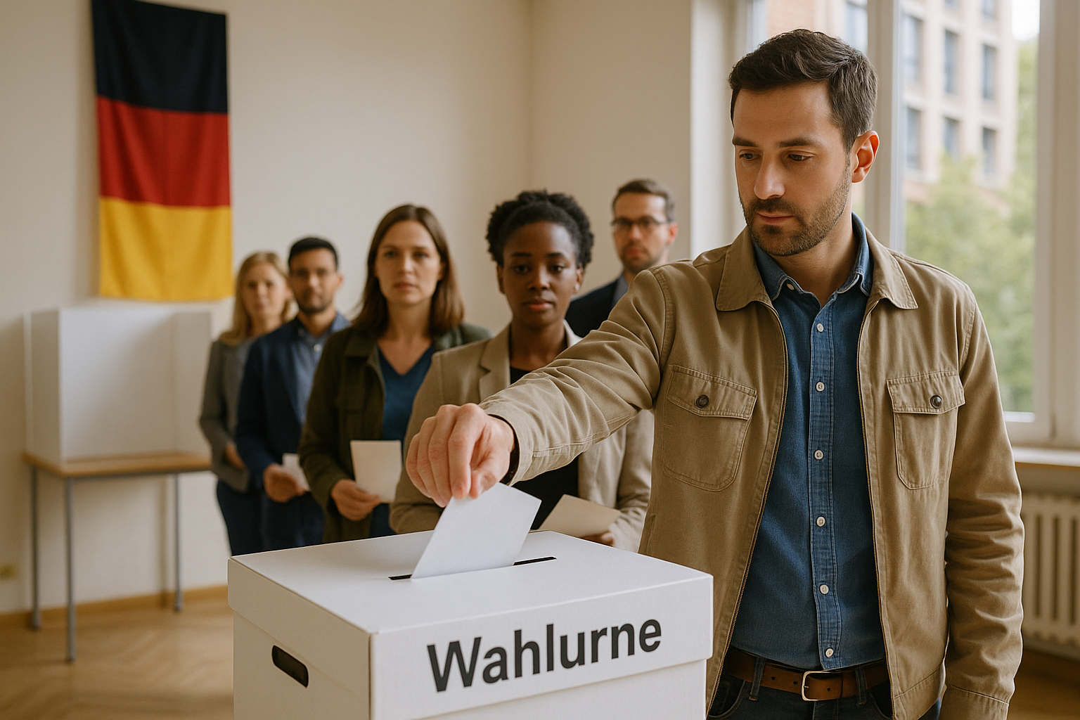 Fotografía de urnas y papeletas en un centro de votación en Alemania