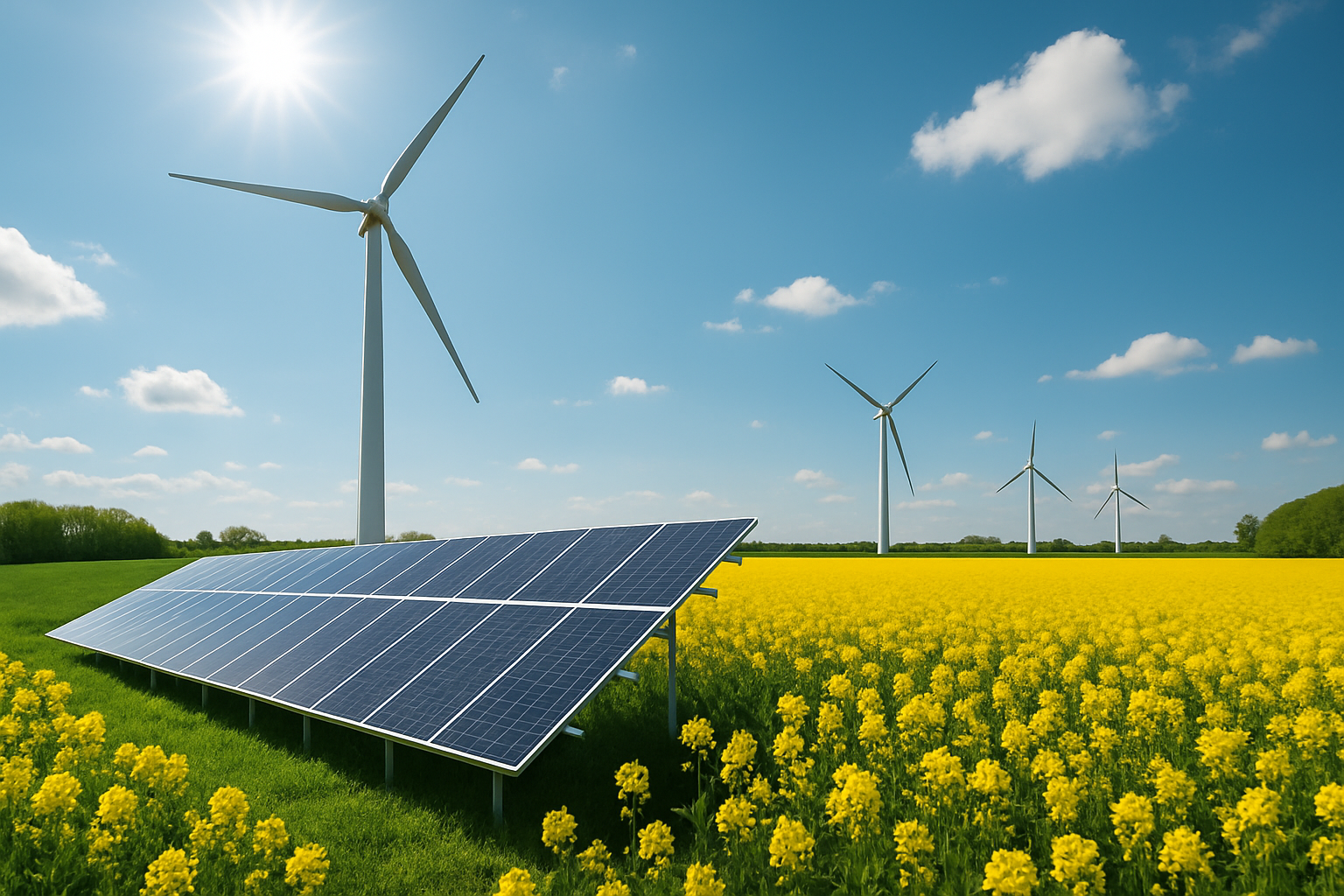 Fotografía realista de turbinas eólicas y paneles solares en un paisaje europeo