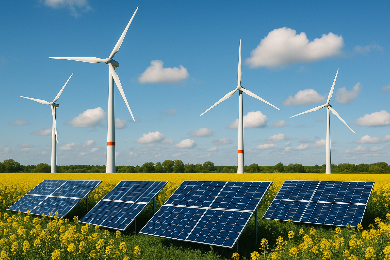Fotografía realista de una planta de energía con paneles solares y turbinas eólicas